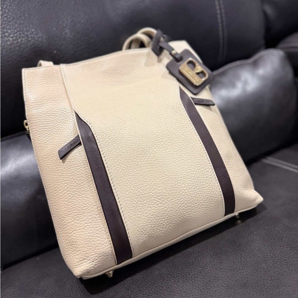 Valentina Cream and Brown Genuine Pebbled Leather Convertible Bag NWT